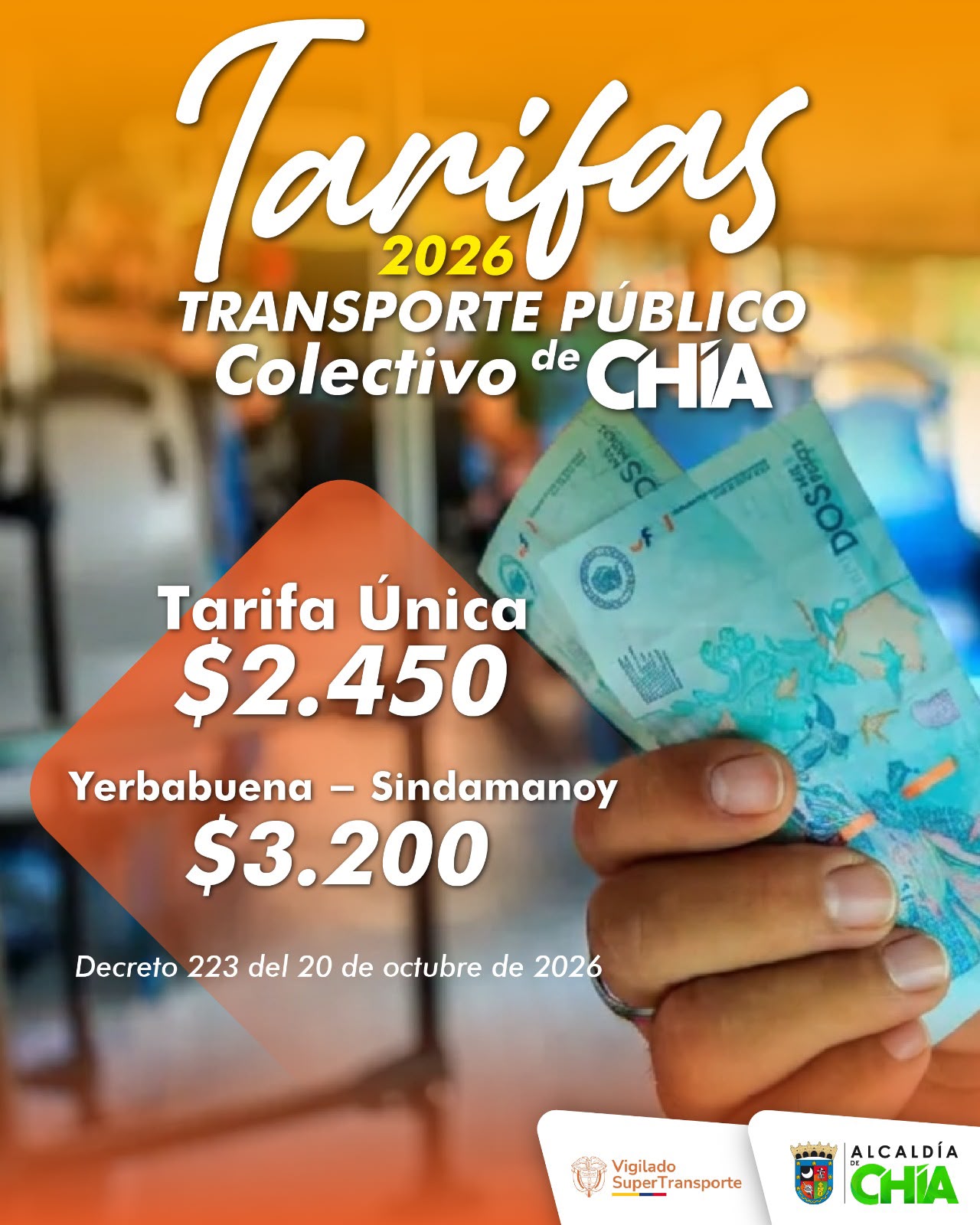 El Decreto 223 del 20 de octubre de 2026 fija las tarifas del transporte público colectivo en Chía.